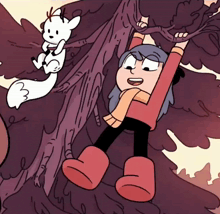 a cartoon character hanging from a tree branch with a white squirrel