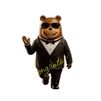 a teddy bear wearing sunglasses and a tuxedo with the words congrats written on it