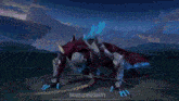 a video game character is crawling on the ground with mountains in the background