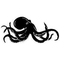 a black and white silhouette of an octopus with long tentacles on a white background .