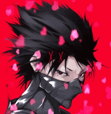 a drawing of a person with a mask on their face with hearts falling around them
