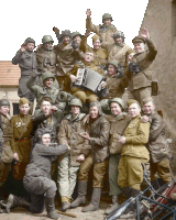 a group of soldiers are posing for a picture and one of them is playing an accordion