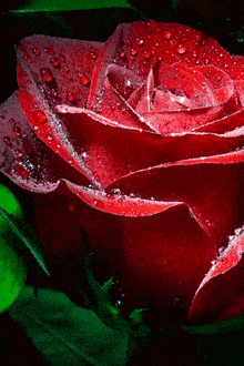 a close up of a red rose with water drops on its petals