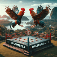 two roosters are standing in a boxing ring that says museumbola