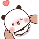 a cartoon panda bear is being held by a person and has a heart in the background .