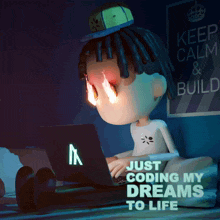 a cartoon character with flames coming out of his eyes is typing on a laptop with the words just coding my dreams to life above him