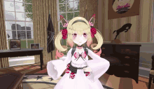 a girl in a white dress with red ears is standing in a room
