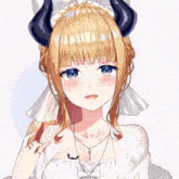 a girl with horns is wearing a white dress and a necklace with a bat on it
