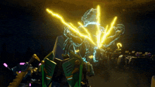 a green robot with a yellow lightning bolt coming out of it 's mouth