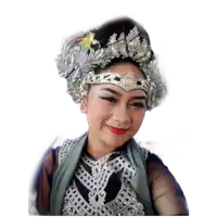 a woman wearing a crown and a scarf smiles at the camera