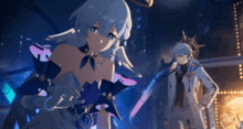 a couple of anime characters are standing next to each other in a room .