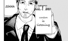 a man in a suit and tie is holding a notebook that says condom is listening