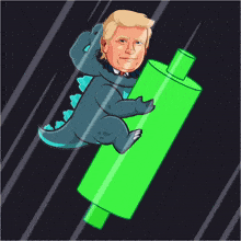 a cartoon of donald trump dressed as godzilla holding a green object