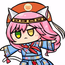 a cartoon girl with pink hair and green eyes wearing a cat hat .