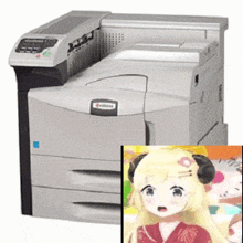 a printer with a picture of a girl with horns next to it .