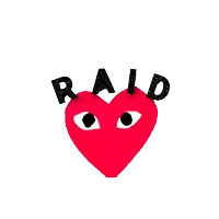 a red heart with black eyes and the words raid written on it