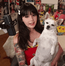 a woman in a wonder woman costume is holding a white dog