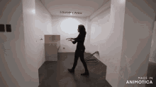 a woman is walking through a laundry area that is made in animatica