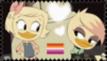 a couple of cartoon characters standing next to each other with a rainbow flag in the background .