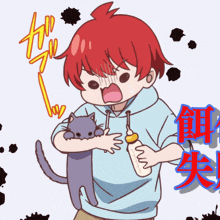 a boy with red hair is holding a bottle and a cat