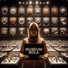 a woman in a hijab holds a sign that says museum bola