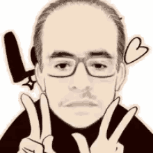 a man wearing glasses is making a peace sign with his hands .