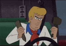scooby doo is driving a car and holding a wooden stick and a hammer