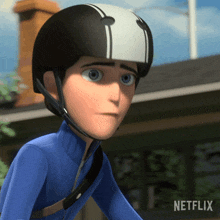 a close up of a cartoon character wearing a helmet with a netflix logo in the background