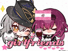 a cartoon drawing of a girl holding a glass of wine with the word girlfriends on the bottom