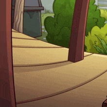 a cartoon drawing of a wooden porch with trees and bushes in the background