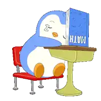a penguin is sleeping at a desk with a math book on top of it