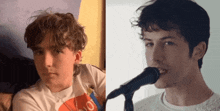 a young man with curly hair is next to a picture of a man singing into a microphone