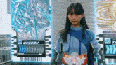a girl stands in front of a sign that says unibon on it
