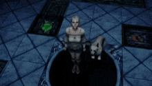 a woman and a dog are sitting in a dark room with a blue tile floor