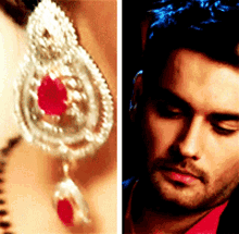 a close up of a woman 's earrings and a man 's face