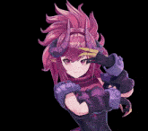 a girl with purple hair and horns is wearing a purple outfit