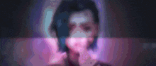 a pixel art of a girl with blue hair and a purple background