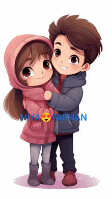 a boy and a girl are hugging with hiya farhan written in blue