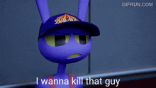 a purple cartoon character with a hat that says pizza on it
