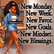 a cartoon of a woman walking with the words new monday new week new favor new goals new mindset new blessings written on it