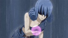 a girl with blue hair is holding a pink object in her hands