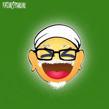 a cartoon of a man with glasses and a white turban laughing with the word ha on the bottom