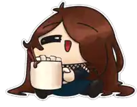 a cartoon of a woman holding a cup of hot chocolate with marshmallows