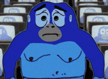 a cartoon of a blue gorilla standing in front of a row of televisions