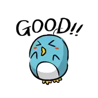 a blue penguin with a sad face and the word good written above it