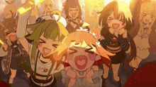 a group of anime girls are standing next to each other on a stage .