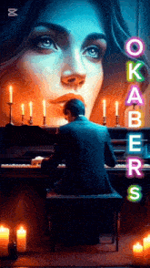 a man is playing a piano in front of a painting of a woman with the words okabers on the bottom
