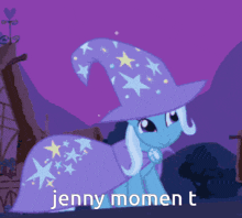 a cartoon of a pony wearing a wizard hat with the words jenny moment t below it