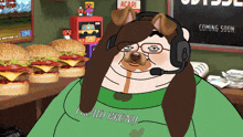 a cartoon of a dog wearing headphones and a green shirt that says " proud brony "