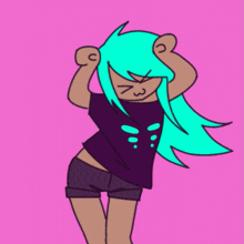 a cartoon of a girl with long blue hair and a purple shirt